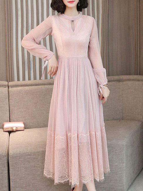 Glamorous A-line Stand Collar Lace Polyester Midi Dresses (Style V201849)