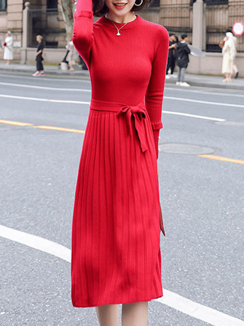 Office Sweater Round Neck Solid Color Ruffle Midi Dresses (Style V201853)