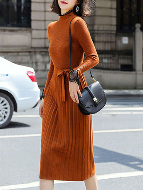 Glamorous Sweater V-neck Ruffle Knitted Midi Dresses (Style V201856)