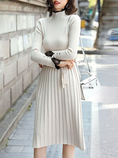 Glamorous Sweater V-neck Ruffle Knitted Midi Dresses (Style V201856)