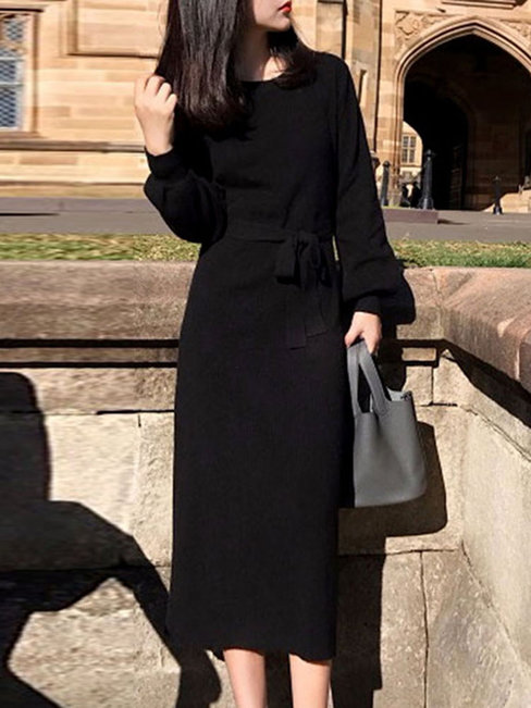 Classy Round Neck Solid Color Sash Knitted Midi Dresses (Style V201858)