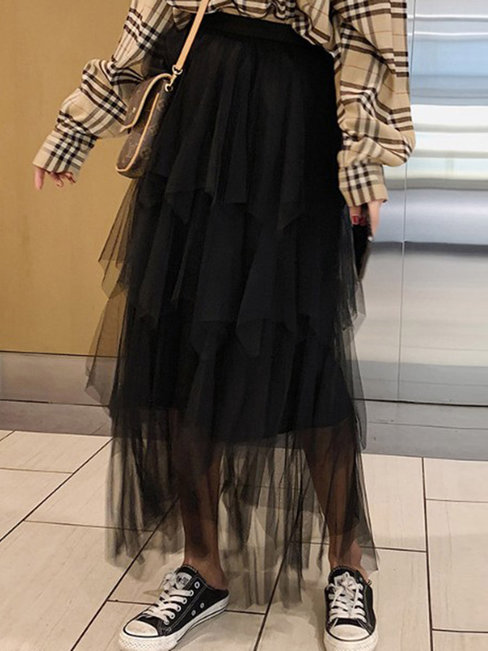 Ankle Length Elegant Ruffle Polyester Plain Skirt (Style V201880)