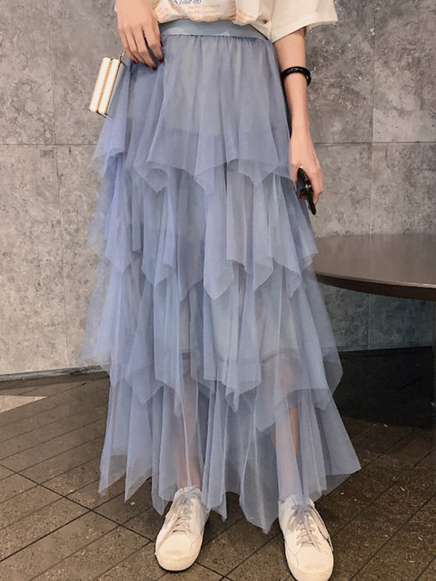 Ankle Length Elegant Ruffle Polyester Plain Skirt (Style V201880)