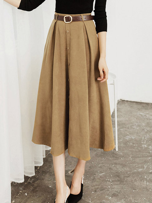 Mid-Calf A-line Belt Corduroy Plain Skirt (Style V201881)