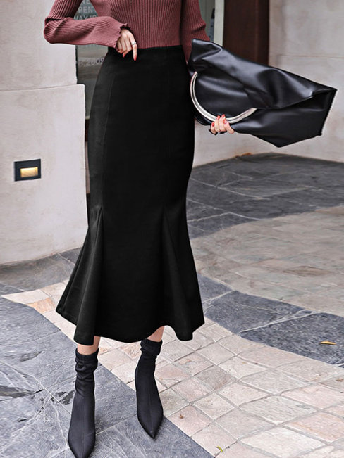 Ankle Length Mermaid Office Wool Blends Plain Skirt (Style V201895)