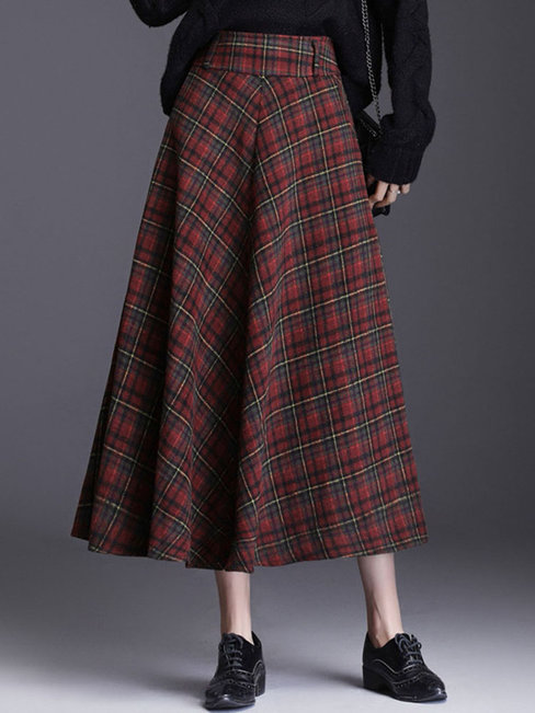 Red Knee Length A-line Elegant Pattern Plaid Skirt (Style V201896 ...