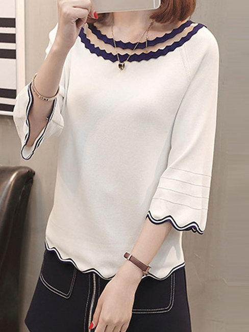 Round Neck Standard Office Color Block Wavy Edge Sweater (Style V201938)