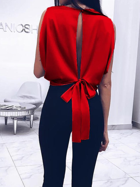 Round Neck Short Slim Date Night Polyester Blouse (Style V300018)