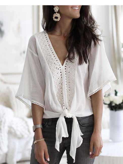 Standard Loose Date Night Plain Polyester Blouse (Style V300085)