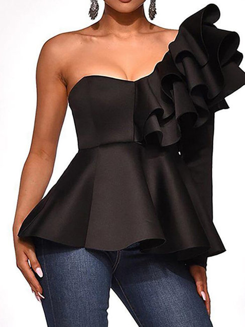 Asymmetric Slim Date Night Plain Cascading Ruffle T Shirt (Style V300095)