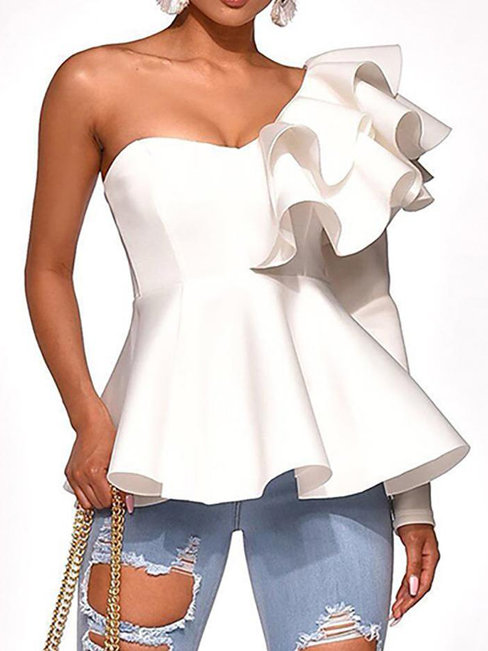 Asymmetric Slim Date Night Plain Cascading Ruffle T Shirt (Style V300095)