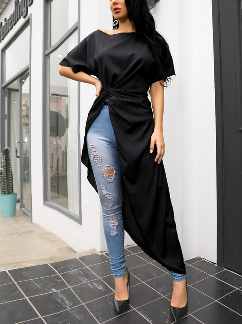 Boat Neck Fashion Plain Cellulose Acetate Fibre Ruffle T Shirt (Style V300123)