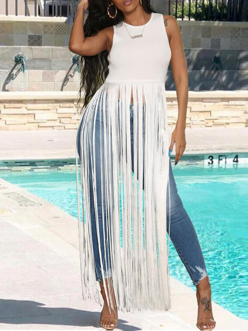 Slim Fashion Plain Polyester Tassel T Shirt (Style V300175)