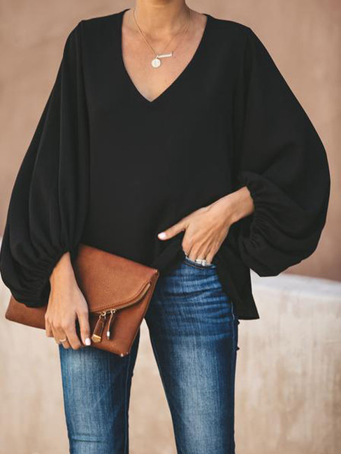 V-neck Standard Loose Plain Polyester T Shirt (Style V300179)