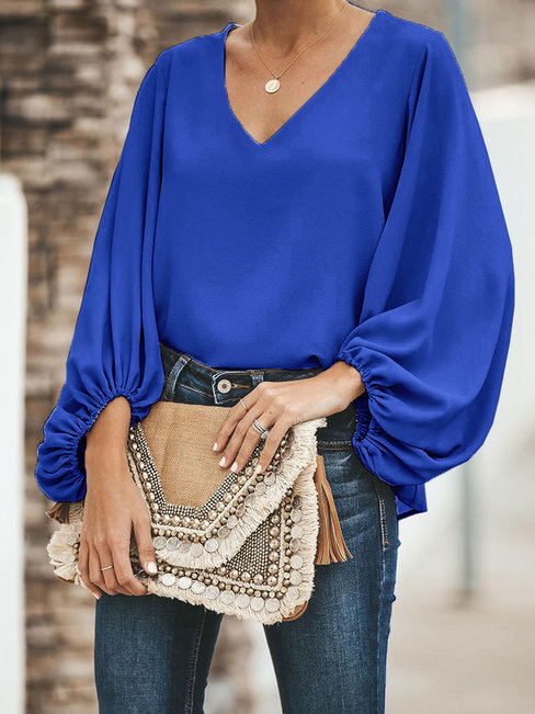 V-neck Standard Loose Plain Polyester T Shirt (Style V300179)