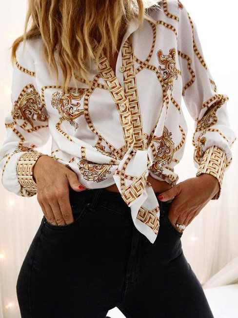 Shirt Collar Loose Party Floral Pattern Blouse (Style V300271)