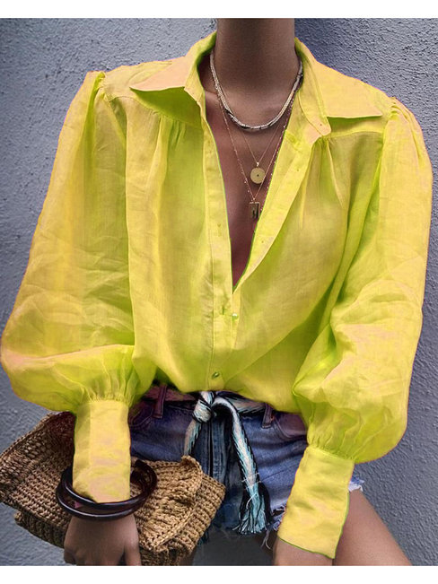 Shirt Collar Loose Elegant Plain Polyester Blouse (Style V300313)