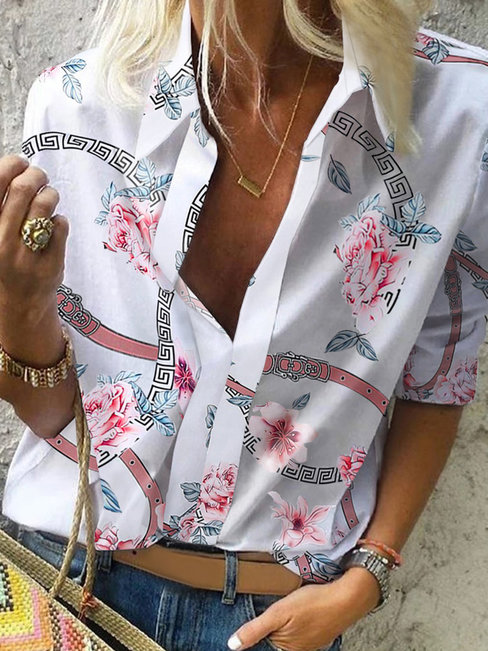 Loose Fashion Plants Polyester Pattern Blouse (Style V300480)