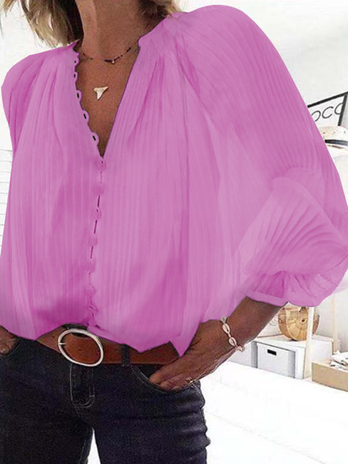 V-neck Standard Loose Plain Polyester Blouse (Style V300488)