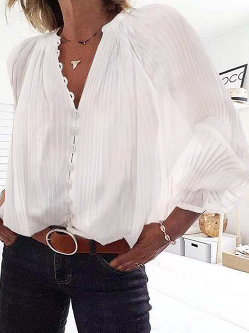 V-neck Standard Loose Plain Polyester Blouse (Style V300488)