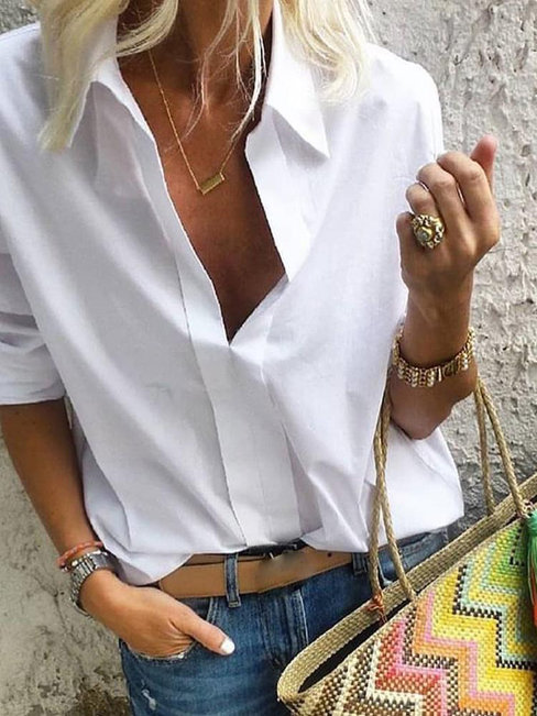 Shawl Collar Standard Loose Plain Polyester Blouse (Style V300602)