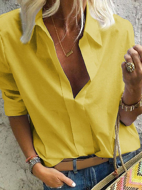 Shawl Collar Standard Loose Plain Polyester Blouse (Style V300602)