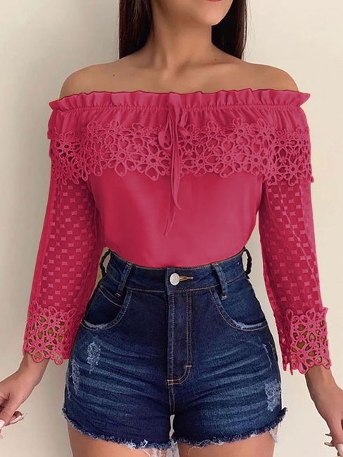 Off The Shoulder Standard Straight Date Night Plain Blouse (Style V300803)