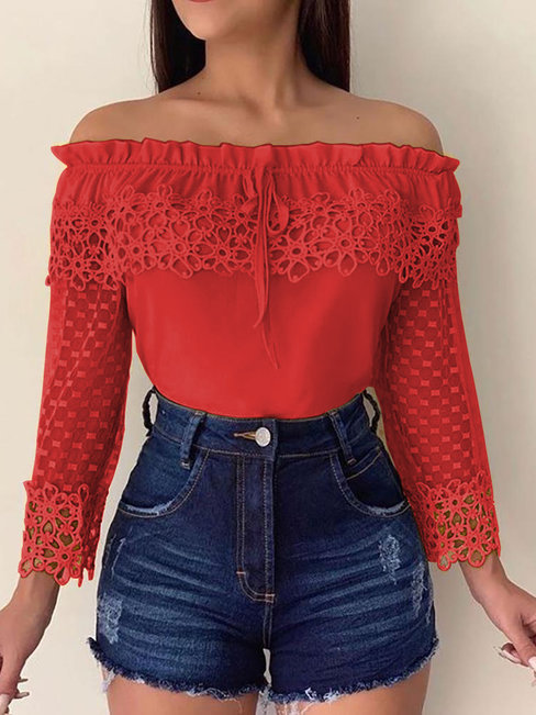 Off The Shoulder Standard Straight Date Night Plain Blouse (Style V300803)