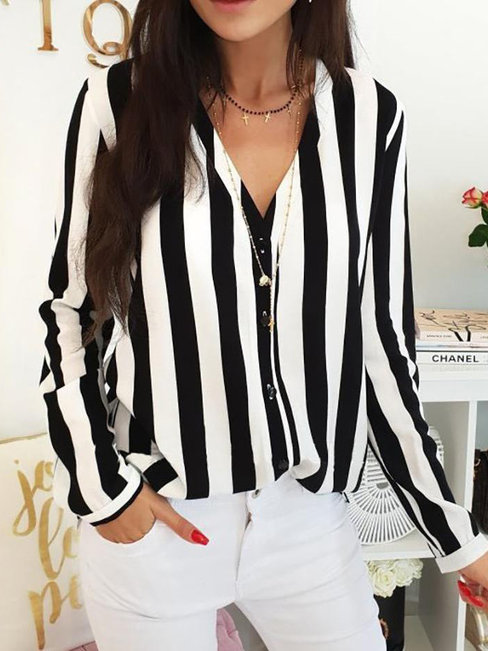 V-neck Standard Striped Polyester Button Blouse (Style V300858)