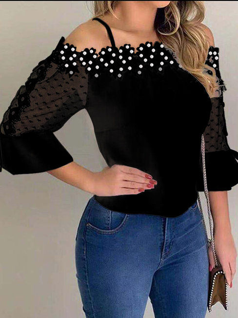 Off The Shoulder Straight Cute Plain Polyester Blouse (Style V300906)