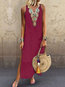 Bohemian Straight Notched Printed Polyester Maxi Dresses (Style V100019)