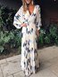 Beach Wrap Deep V Neck Feather Pattern Maxi Dresses (Style V100030)