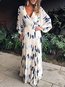 Beach Wrap Deep V Neck Feather Pattern Maxi Dresses (Style V100030)