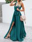 Wrap Deep V Neck Solid Color Ruffle Cotton Maxi Dresses (Style V100035)