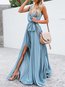 Wrap Deep V Neck Solid Color Ruffle Cotton Maxi Dresses (Style V100035)
