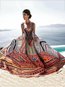 Flowy Deep V Neck Printed Pattern Polyester Maxi Dresses (Style V100054)