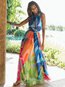 Beach Round Neck Printed Pattern Polyester Maxi Dresses (Style V100061)