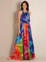 Beach Round Neck Printed Pattern Polyester Maxi Dresses (Style V100061)