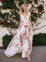 Wrap Deep V Neck Floral Pattern Polyester Maxi Dresses (Style V100098)