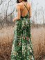 A-line Deep V Neck Floral Pattern Polyester Maxi Dresses (Style V100115)