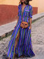 Bohemian Shirt Shawl Collar Striped Pattern Maxi Dresses (Style V100145)