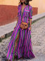 Bohemian Shirt Shawl Collar Striped Pattern Maxi Dresses (Style V100145)