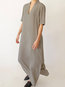 Basic Straight Stand Collar Pockets Linen Casual Dresses (Style V100302)