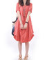 Cocoon Round Neck Solid Color Button Linen Casual Dresses (Style V100330)