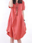 Cocoon Round Neck Solid Color Button Linen Casual Dresses (Style V100330)