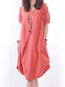 Cocoon Round Neck Solid Color Button Linen Casual Dresses (Style V100330)