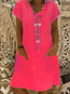 Basic Straight V-neck Solid Color Pockets Casual Dresses (Style V100349)