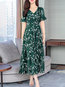 Basic V-neck Printed Pattern Polyester Maxi Dresses (Style V100373)