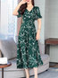 Basic V-neck Printed Pattern Polyester Maxi Dresses (Style V100373)