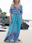 Beach A-line V-neck Printed Polyester Maxi Dresses (Style V100394)
